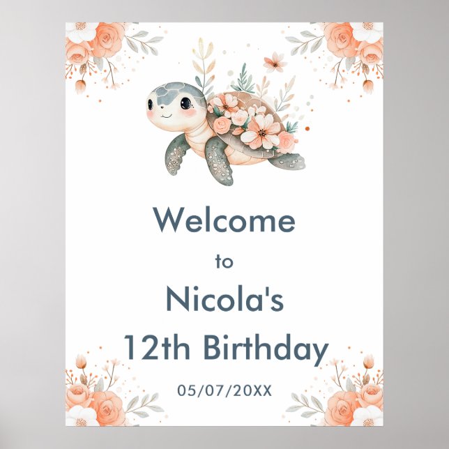 Poster Bienvenue à la fête d'anniversaire de la tortue fl (Devant)