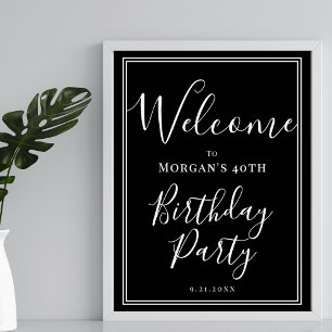 Poster Bienvenue à la fête d'anniversaire noir et blanc