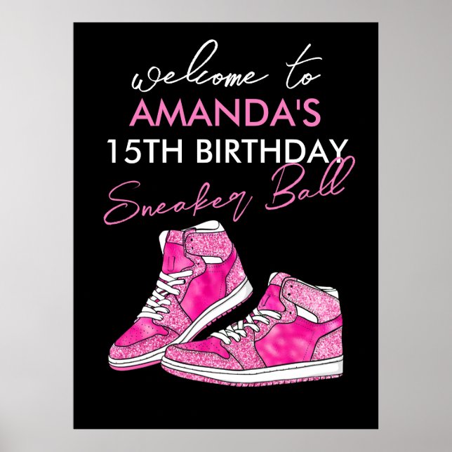 Poster Bienvenue à la fête d'anniversaire Pink Sneaker Ba (Devant)
