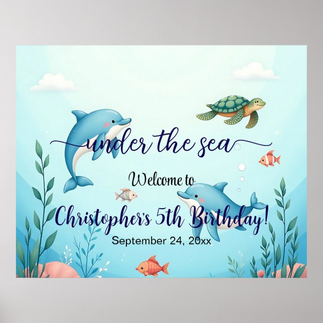 Poster Bienvenue à la fête d'anniversaire sous la mer ble (Devant)