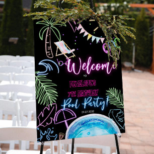 Poster Bienvenue à la fête de la piscine en noir Neon Glu