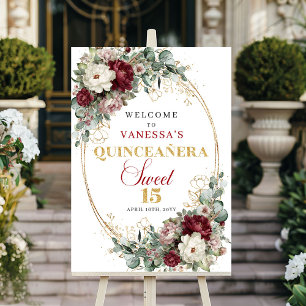 Poster Bienvenue à la fête des 15 ans Burgundy Floral Gol