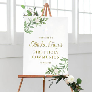 Poster Bienvenue à la Première Communion Fleurs Blanches 