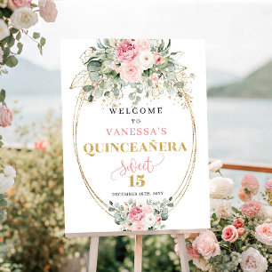 Poster Bienvenue à la Quinceañera au style rustique rose