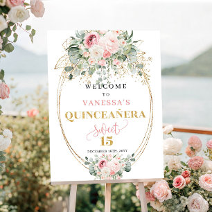 Poster Bienvenue à la Quinceañera Bohème Fleurs Rose Pous