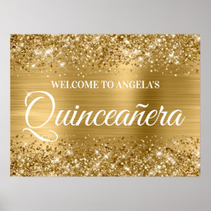 Poster Bienvenue à la Quinceanera pailletée et dorée