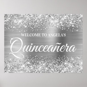Poster Bienvenue à la Quinceanera Paillettes et Feuille d