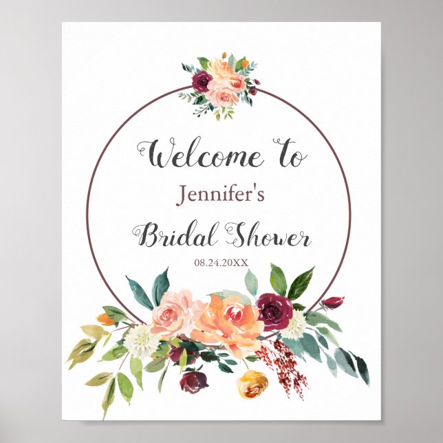 Poster Bienvenue à la réception de mariage Burgundy Blush (Devant)