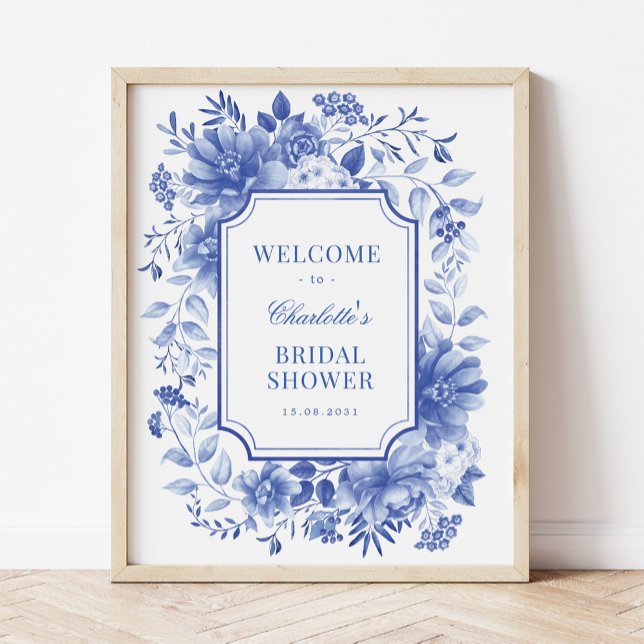 Poster Bienvenue à la réception de mariage en bleu blanc  (Créateur téléchargé)