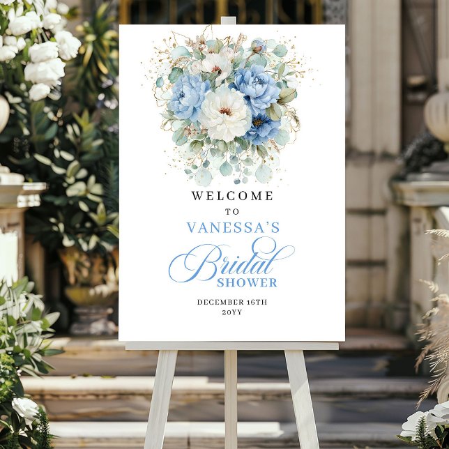 Poster Bienvenue à la réception de mariage fleurie bleu c (Bohemian Light Blue Floral Bridal Shower Welcome)