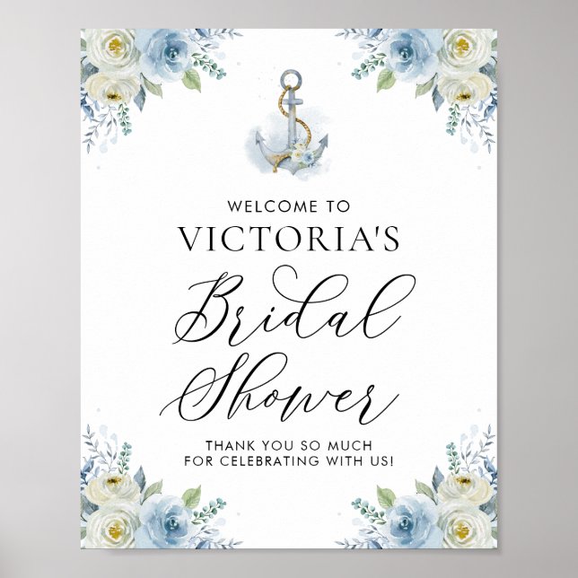 Poster Bienvenue à la réception de mariage Floral Bleu Ma (Devant)