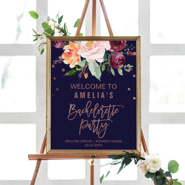 Poster Bienvenue à la soirée de bachelorette Rose Gold Fl (Créateur téléchargé)
