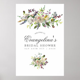 Poster Bienvenue à la soirée de mariage floral vert et bl