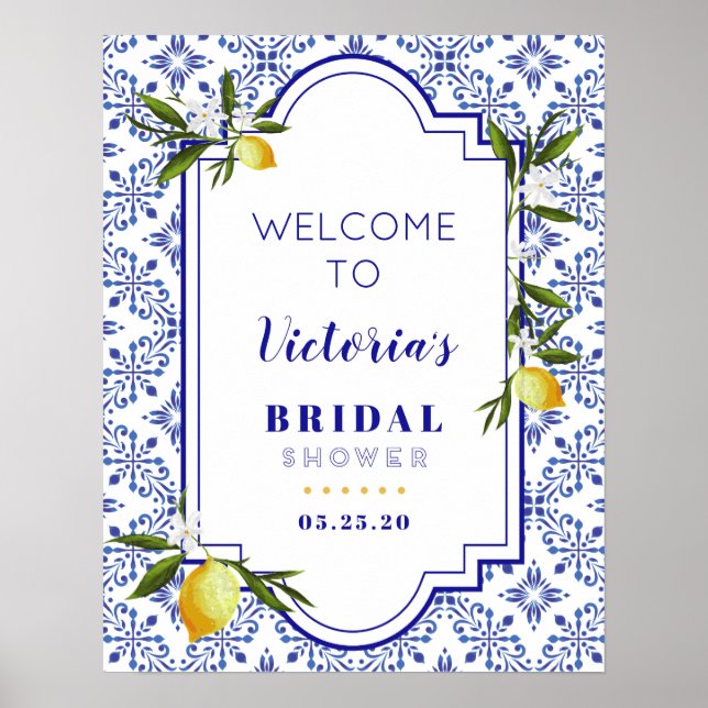 Poster Bienvenue à la soirée de mariage Navy Blue & Lemon (Devant)