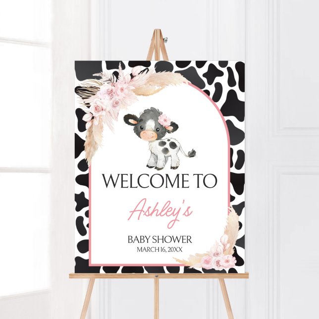 Poster Bienvenue à la vache rose Boho Highland (Girl Floral Highland Cow Baby Shower Welcome Sign)