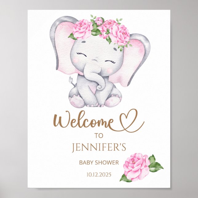 Poster Bienvenue à l'éléphant et au Baby shower de fleurs (Devant)