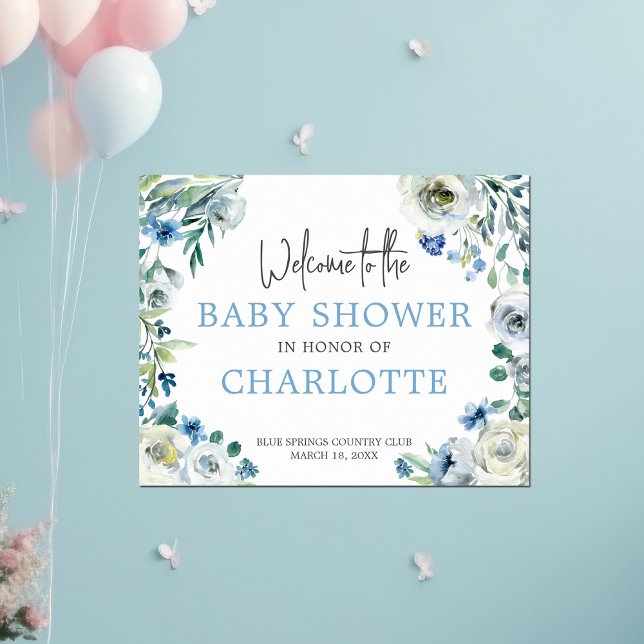 Poster Bienvenue à notre Baby shower Elégant bleu floral (Créateur téléchargé)
