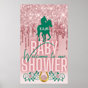 Poster Bienvenue à notre Baby Shower Rose Pailleté Rose