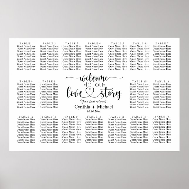 Poster Bienvenue à notre Love Story 18 Table Mariage Seat (Devant)