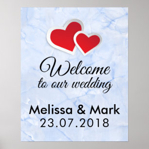 Poster Bienvenue À Notre Mariage 2 Coeurs Rouges
