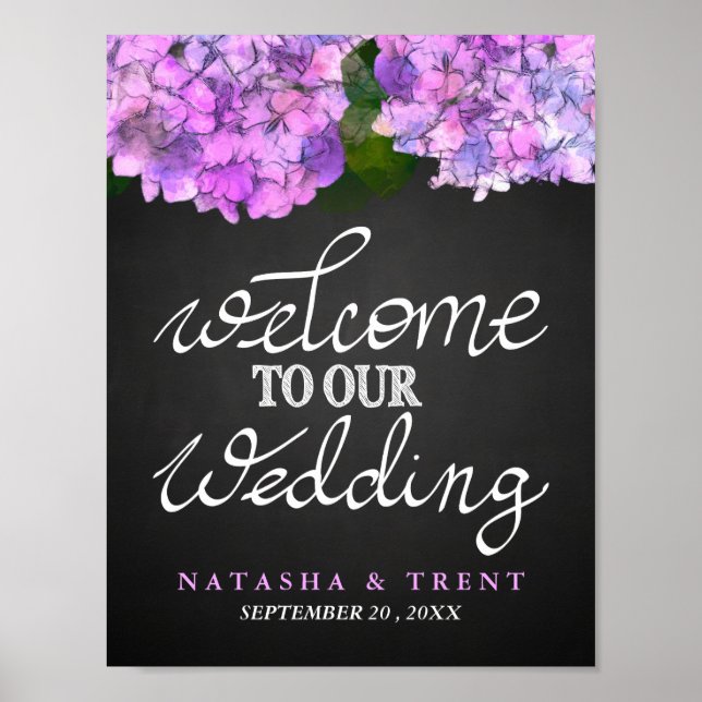 Poster Bienvenue À Notre Mariage Chalkboard Hydrangea Flo (Devant)