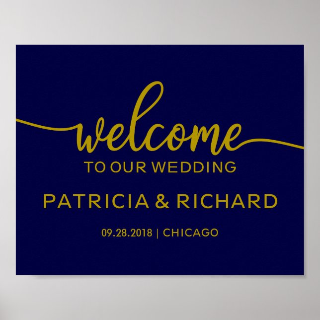 Poster Bienvenue à notre Mariage Chic Gold Navy (Devant)