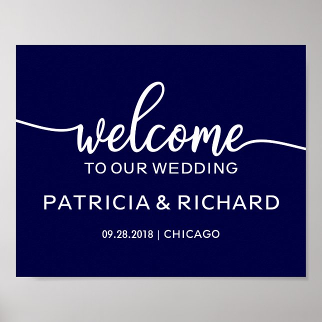 Poster Bienvenue à notre Mariage Chic Navy Bleu Sign (Devant)