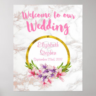 Poster Bienvenue à notre Mariage Floral et Marbre