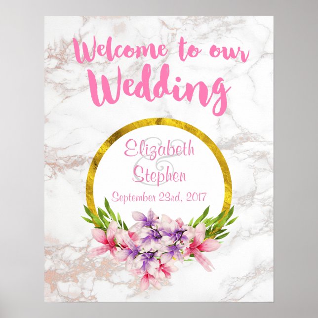 Poster Bienvenue à notre Mariage Floral et Marbre (Devant)