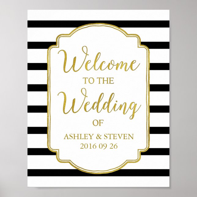 Poster Bienvenue à notre Mariage Sign Gold Black Stripes (Devant)