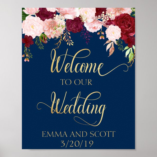 Poster Bienvenue À Notre Marine Mariage Burgundy Gold (Devant)