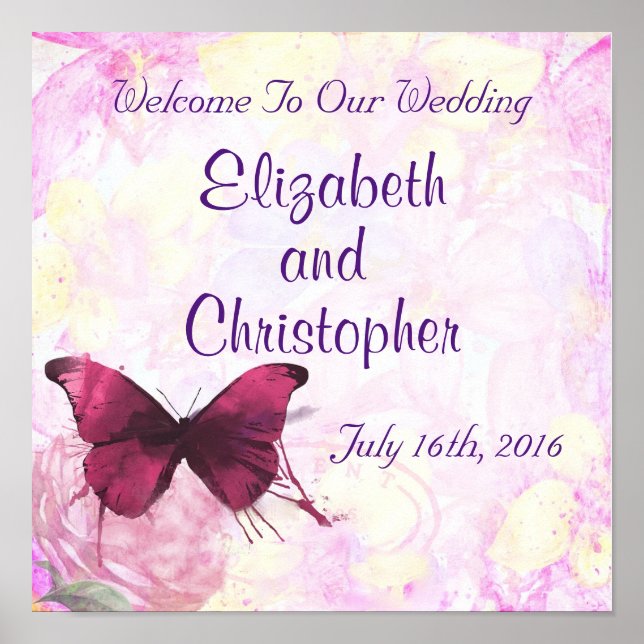 Poster Bienvenue À Notre Papillon Mariage Aquarelle (Devant)