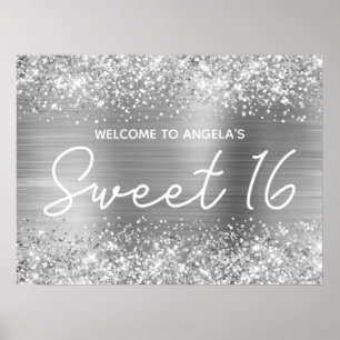 Poster Bienvenue à Sweet 16 Paillettes et Feuille d'Argen