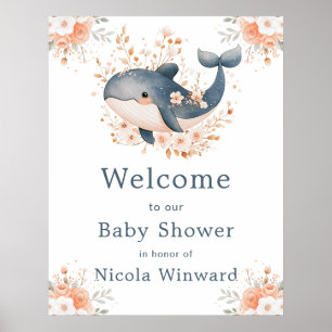 Poster Bienvenue à une Baby Shower Baleine Florale Mignon