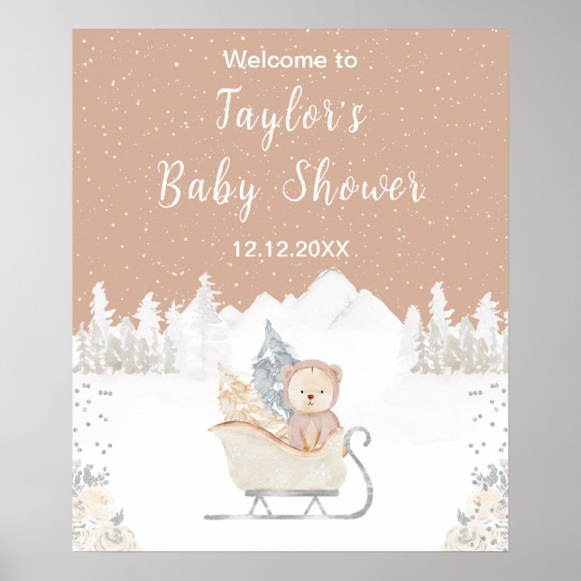 Poster Bienvenue au Baby shower Brown de traîneau de l'ou (Devant)