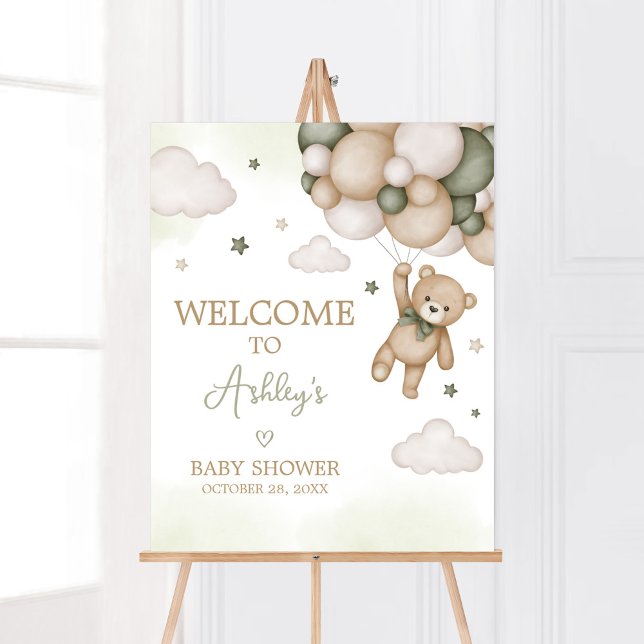 Poster Bienvenue au Baby shower de ballon d'ours vert (Boho Bear Baby Shower Welcome Sign)