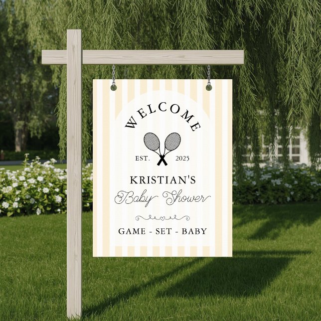 Poster Bienvenue au Baby shower de tennis Jaune Preppy (elegant yellow striped baby shower welcome sign for tennis theme preppy chic event with arch design)