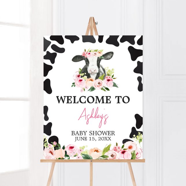 Poster Bienvenue au Baby shower floral de la vache sainte (Floral Highland Cow Baby Shower Welcome Sign)
