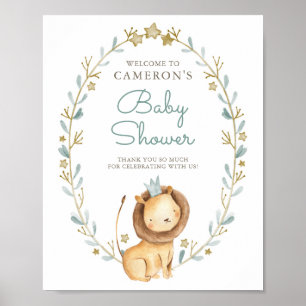 Poster Bienvenue au Baby shower Lion d'aquarelle