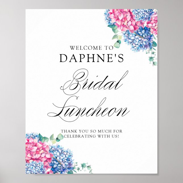 Poster Bienvenue au déjeuner de mariage aux hortensias ro (Devant)