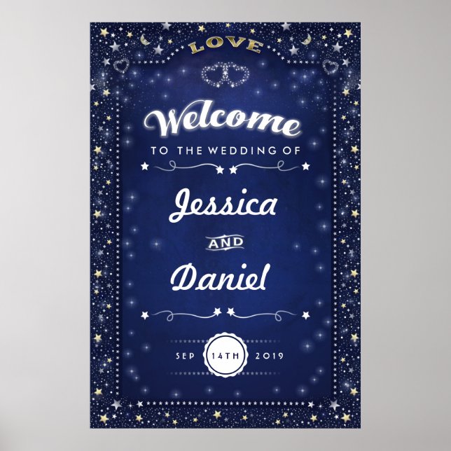 Poster Bienvenue au Mariage 24x36 Marine Blue Hearts & St (Devant)