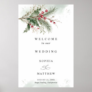 Poster Bienvenue au mariage à l'aquarelle de houx d'hiver