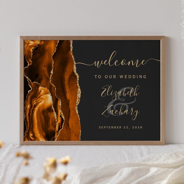 Poster Bienvenue au mariage Agate Orange Brûlé Or Sombre (Créateur téléchargé)