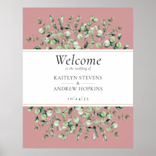 Poster Bienvenue au mariage au eucalyptus rose saumon