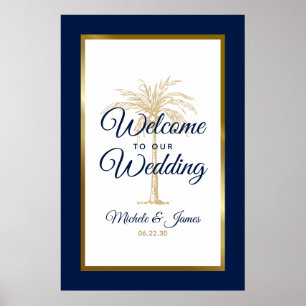 Poster Bienvenue au mariage au palmier doré sur fond bleu