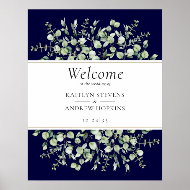 Poster Bienvenue au Mariage bleu de la marine Eucalyptus (Devant)