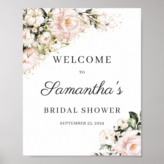 Poster Bienvenue au mariage bohème rose poudré floral dor (Devant)