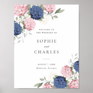 Poster Bienvenue au mariage de l'hortensia rose bleu mari
