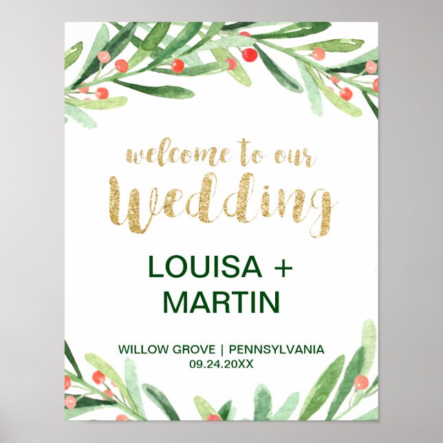 Poster Bienvenue au Mariage de Noël Holly Wreath (Devant)