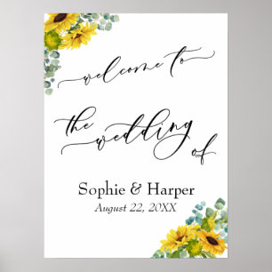 Poster Bienvenue au mariage d'eucalyptus et de tournesols